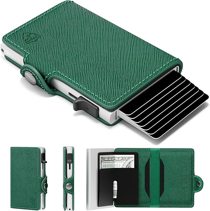 Card Blocr Womens Slim Wallet for Small Purses, Pop Up Wallet with Anti Theft RFID Blocking Credit Card Holder for Women in Green PU Saffiano Leather