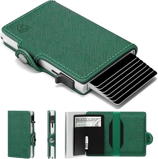 Card Blocr Womens Slim Wallet for Small Purses, Pop Up Wallet with Anti Theft RFID Blocking Credit Card Holder for Women in Green PU Saffiano Leather