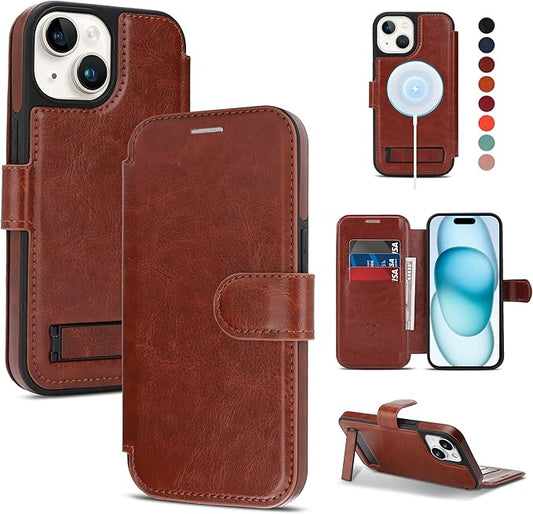 CIVICASE for iPhone 13/iPhone 14 Wallet Case with Stand,PU Leather Flip Credit Card Holder Slots (RFID Blocking),Compatible with Magsafe Magnetic Holder Phone Cover Women Men,Dark Brown