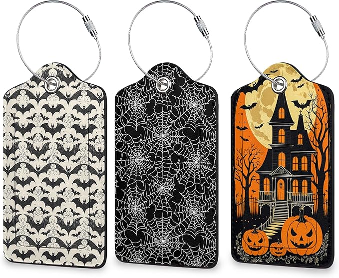 Halloween 3 Pack Luggage Tag for Suitcase, Unique Leather Travel Tags Identifiers with Privacy Name Address Labels & Durable Steel Loop for Women Men Travel