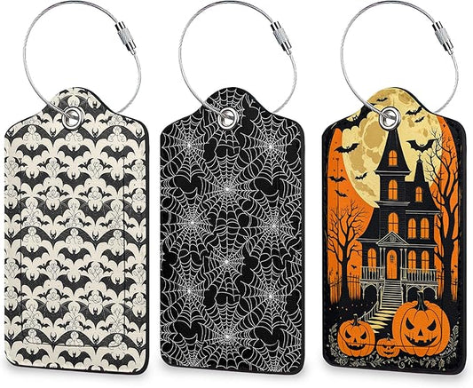 Halloween 3 Pack Luggage Tag for Suitcase, Unique Leather Travel Tags Identifiers with Privacy Name Address Labels & Durable Steel Loop for Women Men Travel