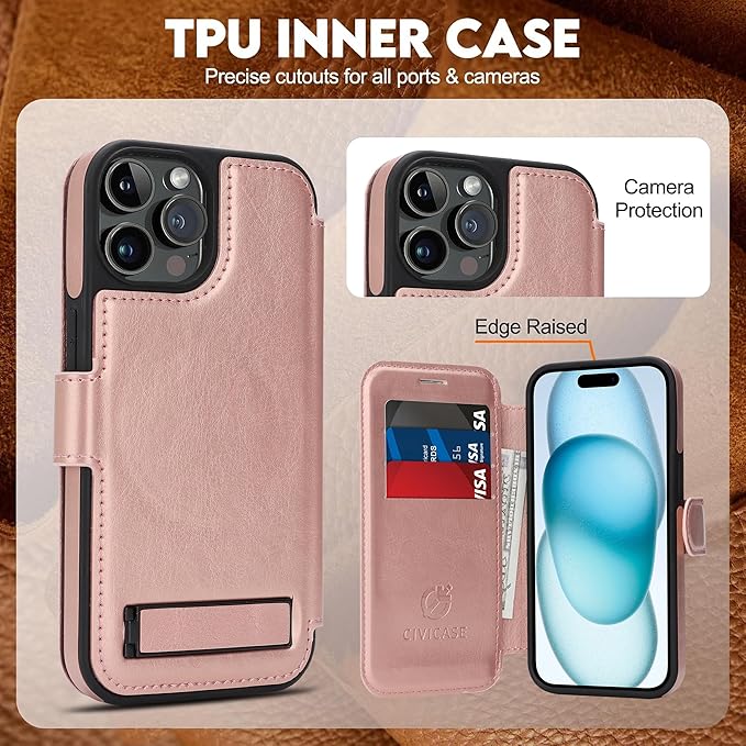 CIVICASE for iPhone 13 Pro Max Wallet Case with Stand,PU Leather Flip Credit Card Holder Slots (RFID Blocking),Compatible with Magsafe Magnetic Holder Phone Cover Women Men,Rose Gold