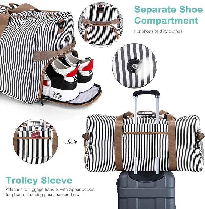 80L Duffle Bag for Travel, Large Foldable Waterproof Travel Duffel Bags Weekender Overnight Bag for Men and Women with Shoe Compartment (Stripe)