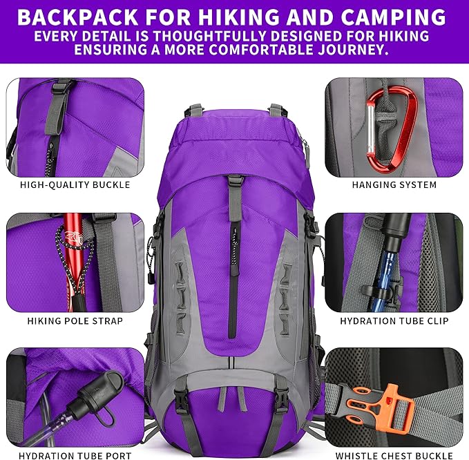 75L Hiking Backpack with Rain Cover Waterproof Camping Backpack Shoes Warehouse for Men Women, Frameless