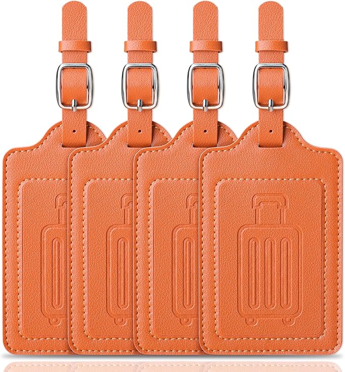 Teskyer Luggage Tags for Suitcases, TSA Approved with Privacy Protection Cover, Premium Faux Leather Bag Tags for Travel - 4 Pack, Orange