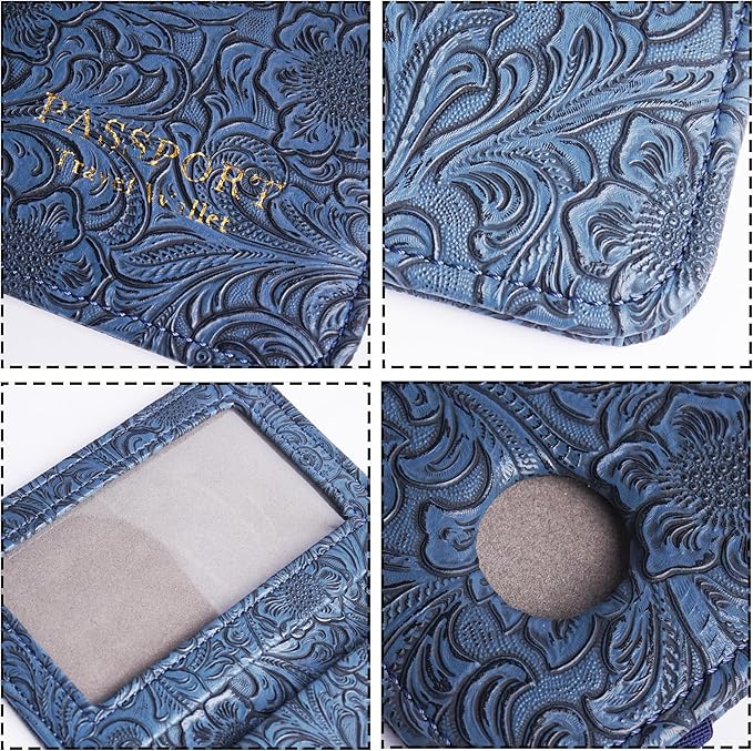 lizimandu Passport Holder with Airtag Slot, Airtag Passport Wallet for Men Women, Slim Leather Passport Holder Case Family for Travel Anti-Lost(1-Carved Blue)