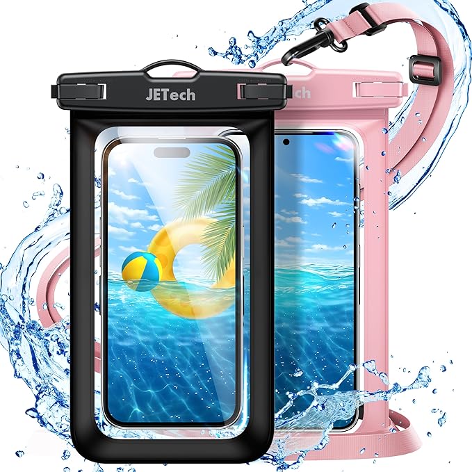 JETech Waterproof Phone Pouch, 2 Pack Water Proof Case for iPhone 17 16e 16 15 14 Air Pro Max Plus, Galaxy S25 S24 Ultra, Pixel 10 Series and Others up to 7.2 Inch, IPX8 Dry Bag (Black+Pink)