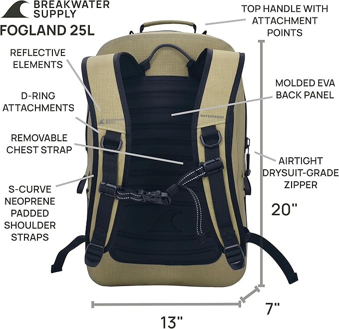 Breakwater Supply™ Waterproof IP68 Submersible Backpack with Airtight Zippers | Laptop Travel Outdoors | Fogland 25L 20L 15L