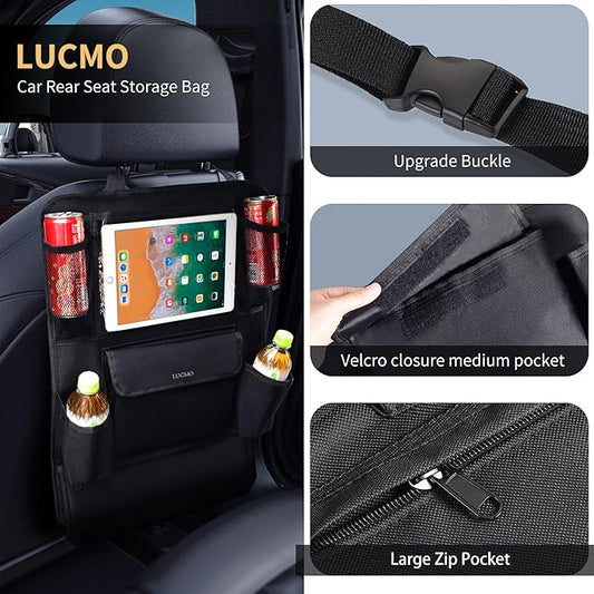 LUCMO Car Backseat Organizer with Touch Screen Tablet Holder,9 Storage Pockets Protectors Kick Mats Travel Accessories for Kids-Black