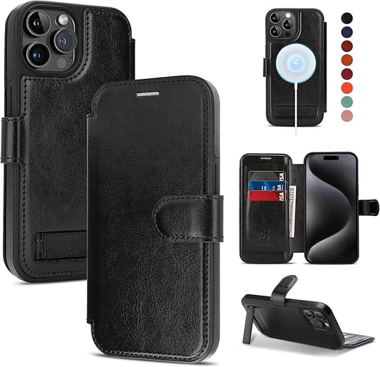 CIVICASE for iPhone 15 Pro Max Wallet Case with Stand,PU Leather Flip Credit Card Holder Slots (RFID Blocking),Compatible with Magsafe Magnetic Holder Phone Cover Women Men,Black