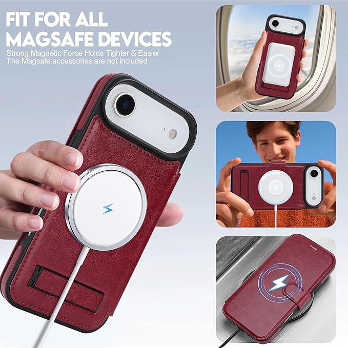 CIVICASE for iPhone Air Wallet Case with Stand,PU Leather Flip Credit Card Holder Slots (RFID Blocking),Compatible with Magsafe Magnetic Holder Phone Cover Women Men,Wine Red