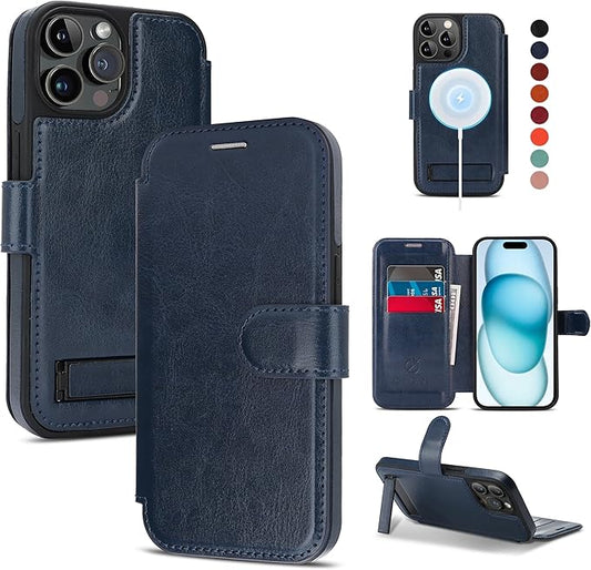 CIVICASE for iPhone 15 Pro Max Wallet Case with Stand,PU Leather Flip Credit Card Holder Slots (RFID Blocking),Compatible with Magsafe Magnetic Holder Phone Cover Women Men,Blue