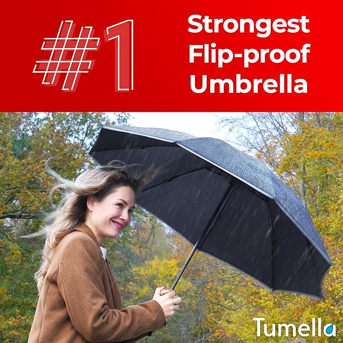 TUMELLA Flip-proof Inverted Travel Umbrella, Small Strong but Light Portable and Automatic Reverse Folding Rain Umbrella, Durable Premium Grip, Fits Car & Backpack