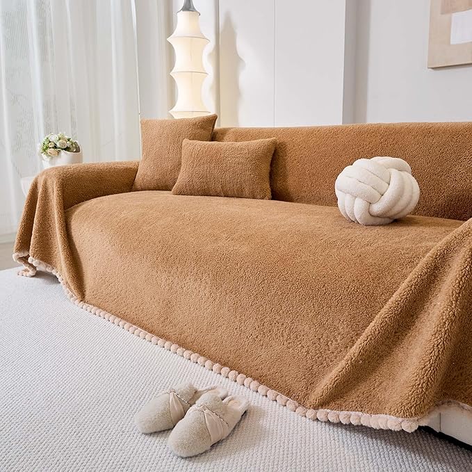 Sherpa Fleece Oversized Couch Cover for 3-4 Cushion Sofa, Brown 71" x 150" - Pet Proof Sofa Covers Heavy Duty Scratch Resistant Pet Friendly Furniture Cover - Easy Install, Machine Washable