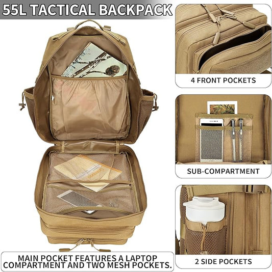 55L Tactical Backpack Heavy Duty Military Rucksack Molle Backpack 3 Day Assault Pack for Work Outdoors