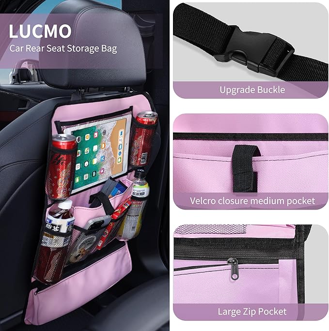 LUCMO Car Backseat Organizer with Touch Screen Tablet Holder-2 Pcs,9 Storage Pockets Car Storage Organizer Protectors Kick Mats Travel Accessories for Kids-Pink