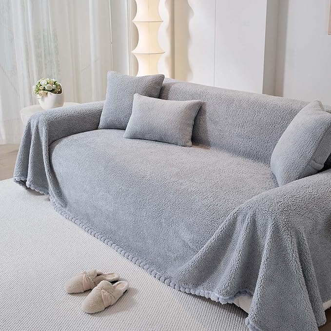 Sherpa Fleece Couch Cover for 3 Cushion Sofa, Grey, 71" x 134" - Pet Proof Sofa Covers Heavy Duty Scratch Resistant Pet Friendly Furniture Cover - Easy Install, Machine Washable