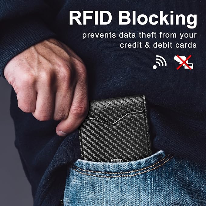 GSOIAX Mens Slim Wallet for Men Minimalist Genuine Leather Carbon Fiber Rfid Blocking Bifold Credit Card Holder With Gift Box (Carbon)