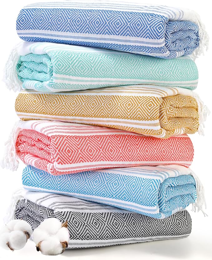 Genovega 6 Oversized Turkish Beach Bath Towel Set Bulk 74"x38" Extra Large Sand Free Quick Dry Swimming Camping Pool Clearance Towels Blanket Essentials Adult Multi Browny Yellow Rhombus