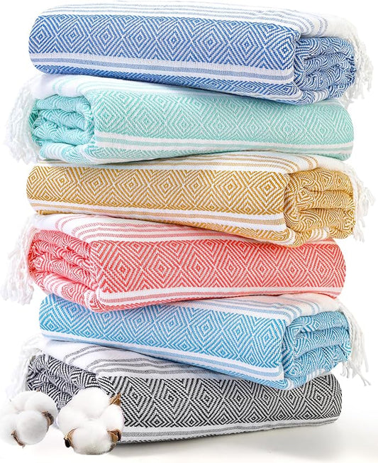 Genovega 6 Oversized Turkish Beach Bath Towel Set Bulk 74"x38" Extra Large Sand Free Quick Dry Swimming Camping Pool Clearance Towels Blanket Essentials Adult Multi Browny Yellow Rhombus