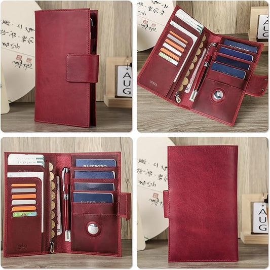 Top Grain Leather Travel Passport Wallet Holder for Man & Woman, Snap Button Design for 4 Passports & Multi Cards, RFID Blocking Large Capacity for Passports/Cards/Checks/Bills, Burgundy