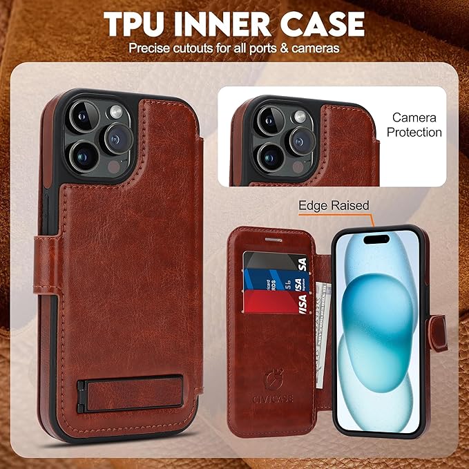 CIVICASE for iPhone 13 Pro Max Wallet Case with Stand,PU Leather Flip Credit Card Holder Slots (RFID Blocking),Compatible with Magsafe Magnetic Holder Phone Cover Women Men,Dark Brown