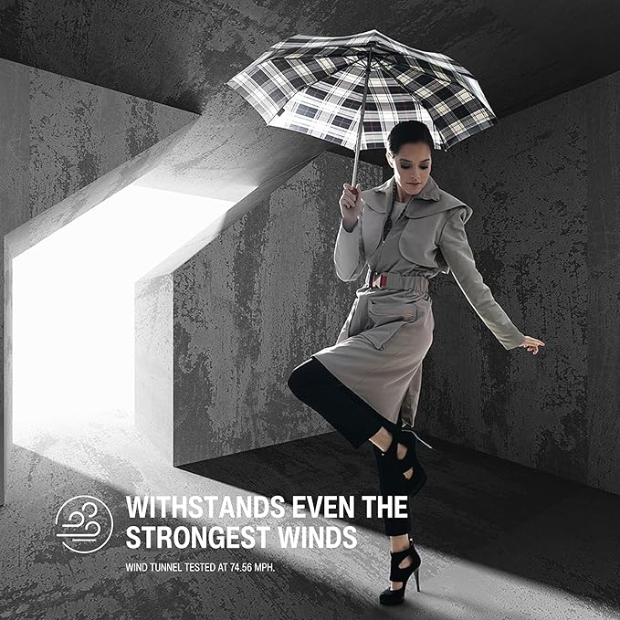 Knirps T.200 Duomatic Compact Rain Umbrella in Black/White Check– Wind Tunnel Tested to 93 mph, Aluminum Steel Fiberglass Frame, 38in Canopy, OEKO-TEX, High-Performance Automatic Travel Umbrellas