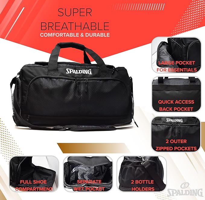 Spalding Gym Bag for Women and Men, Large Sports Duffle Bag with Shoe and Wet Pocket, 10 Zippered Compartments, Waterproof Workout Travel Bags with Adjustable Strap, Lightweight Fitness Duffel, Black