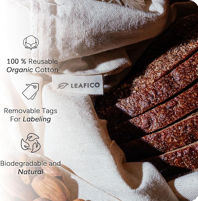 LEAFICO Cotton Storage Bags – X-Large 14x17 Inch (6-Pack) – Reusable Muslin Bags with Drawstrings – Biodegradable Canvas Fabric Sacks – Perfect for Bread, Bulk Produce, Potatoes, Onions, Shoes