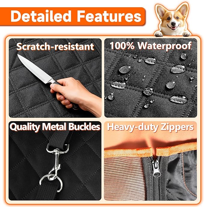 Dog Car Seat Cover for Back Seat, Hard Bottom Holds 500lbs, Waterproof Sturdy Anti Scratch Back Seat Pet Cover for Dogs with Mesh Window & Storage Bag & Dog Safety Belt, for Car SUV Small Truck