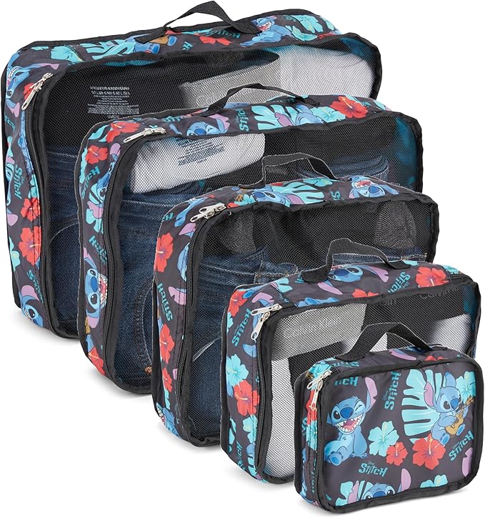 Disney Minnie Mickey Stitch Packing Cubes - Winnie the Pooh, Princess Cinderella, Cars, Toy Story 5 Piece Packing Cubes Compression - Travel Essential - Luggage Suitcase Organizer Set