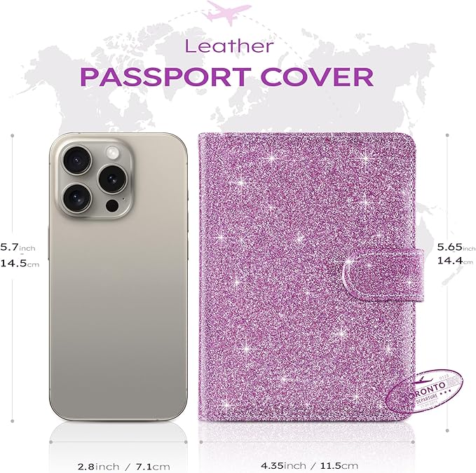 Real Leather Wallet Passport Cover with Credit Card Slots Family Travel (Purple)