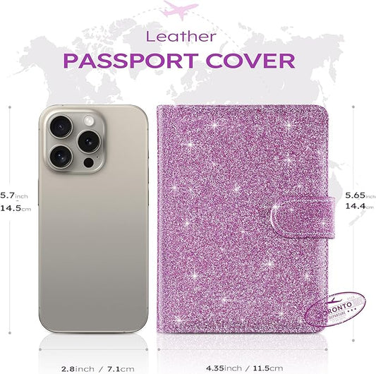 Real Leather Wallet Passport Cover with Credit Card Slots Family Travel (Purple)