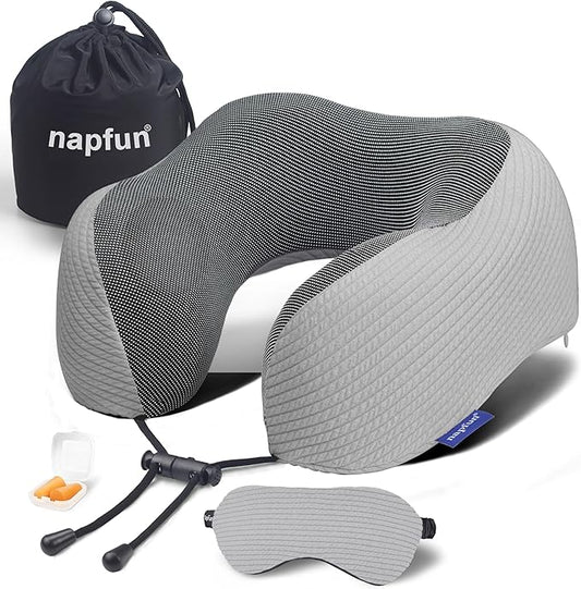 napfun Neck Pillow for Traveling, Upgraded Travel Neck Pillow for Airplane 100% Pure Memory Foam Travel Pillow for Flight Headrest Sleep, Portable Plane Accessories, Striped Light Grey Set