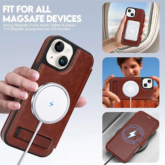 CIVICASE for iPhone 13/iPhone 14 Wallet Case with Stand,PU Leather Flip Credit Card Holder Slots (RFID Blocking),Compatible with Magsafe Magnetic Holder Phone Cover Women Men,Dark Brown