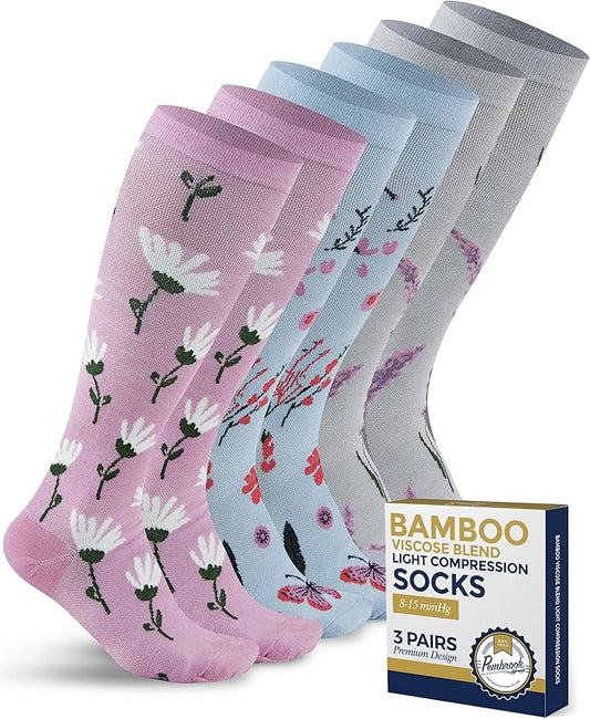 Pembrook Bamboo Viscose Light Compression Socks - 3 Pairs | 8-15 mmhg Compression Socks | Knee High Comfort Support Socks