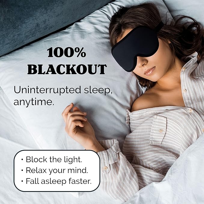 Complete Light Blocking 3D Sleep Mask – Blackout Eye Mask for Sleeping, Lash Extensions & Side Sleepers – Pressure-Free Comfort with Adjustable Strap, Travel Bag & Earplugs
