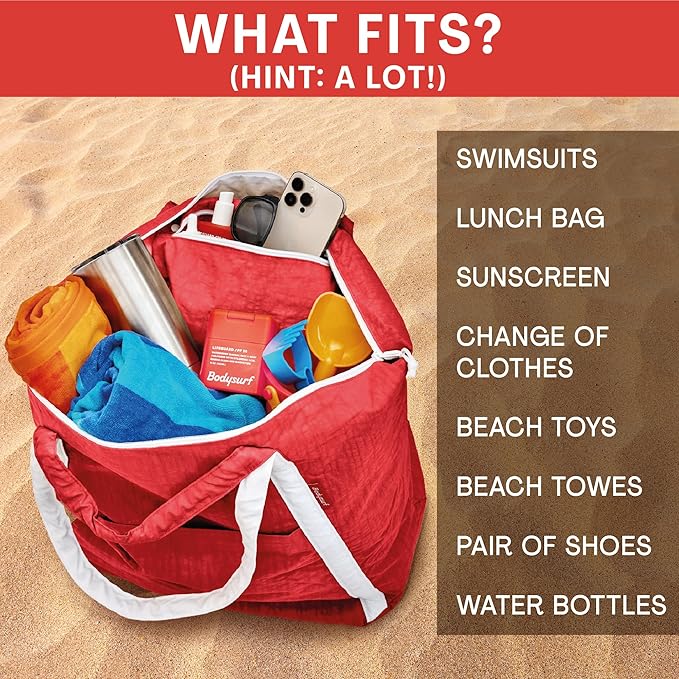 Bodysurf Beach Bags Waterproof Sandproof - Packable Foldable Nylon Zipper Tote Bag for Travel Lightweight, Pool, Boat, Cruise