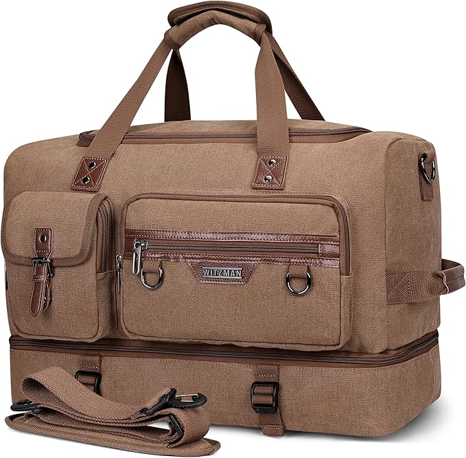 WITZMAN Canvas Weekender Bag Mens Overnight Bag for Traveling Carry on Duffle Bags with Shoes Compartment（A8010 Brown）