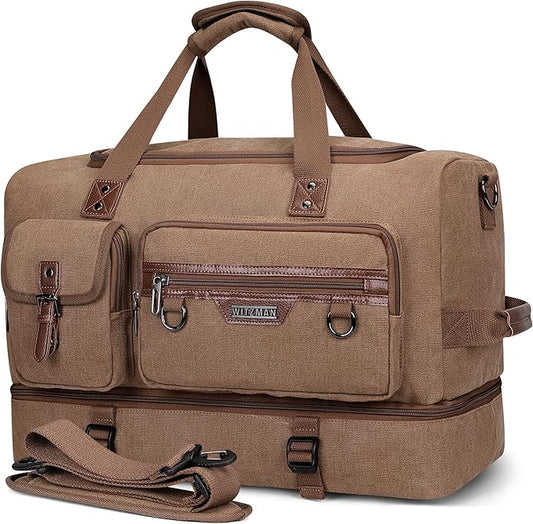 WITZMAN Canvas Weekender Bag Mens Overnight Bag for Traveling Carry on Duffle Bags with Shoes Compartment（A8010 Brown）