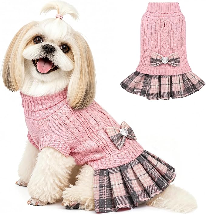 YUDODO Valentines Small Dog Sweater Dress with Bowtie Turtleneck - Knitted Pet Girl Dog Winter Clothes - Pet Warm Sweater for Puppy Yorkies, Chihuahua (XL Pink)