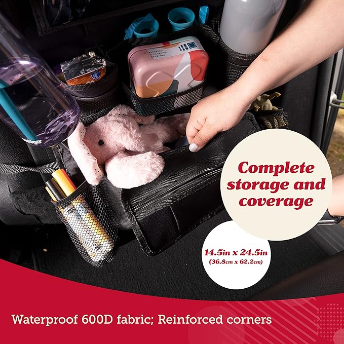 Lusso Gear Heavy Duty Back Seat Car Organizer Extra Large for Powerful Protection, Sag Proof & Reinforced Corners, Protects iPad & Backseat, 12 Versatile Car Seat Organizer Storage Compartments, (Red)