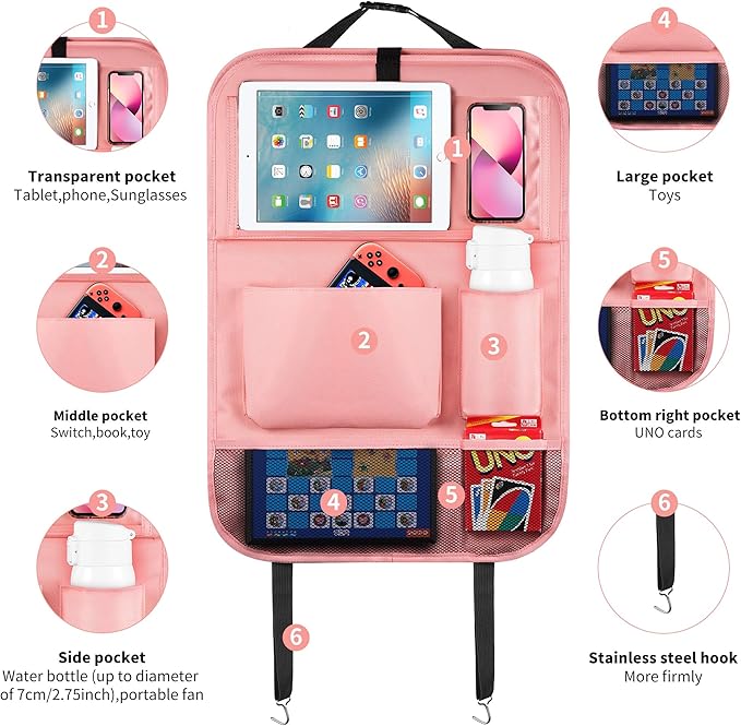 LUCMO Car Backseat Organizer with Tablet Holder,6 Storage Pockets Car Storage Organizer with Foldable Food Tray,Seat Protectors Kick Mats Travel Accessories-Pink