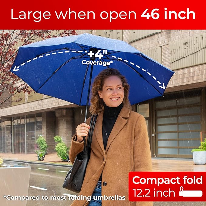 TUMELLA Flip-proof Inverted Travel Umbrella, Small Strong but Light Portable and Automatic Reverse Folding Rain Umbrella, Durable Premium Grip, Fits Car & Backpack
