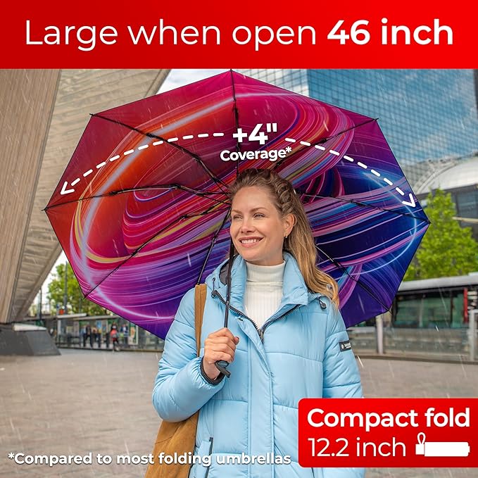TUMELLA Flip-proof Inverted Travel Umbrella, Small Strong but Light Portable and Automatic Reverse Folding Rain Umbrella, Durable Premium Grip, Fits Car & Backpack