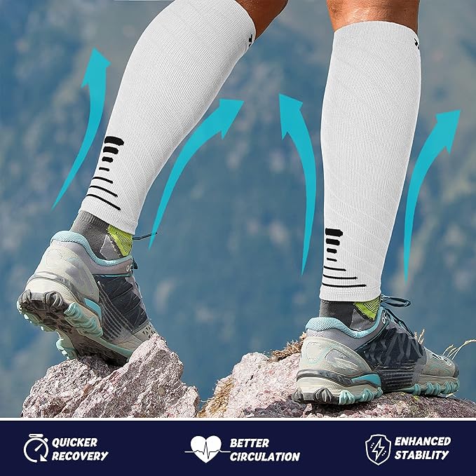 Thoxcare Calf Compression Sleeve for Men Women (1 Pair), Leg Support Footless Compression Socks for Running - Shin Splint Varicose Veins Swelling & Pain Relief, White/Black, Large