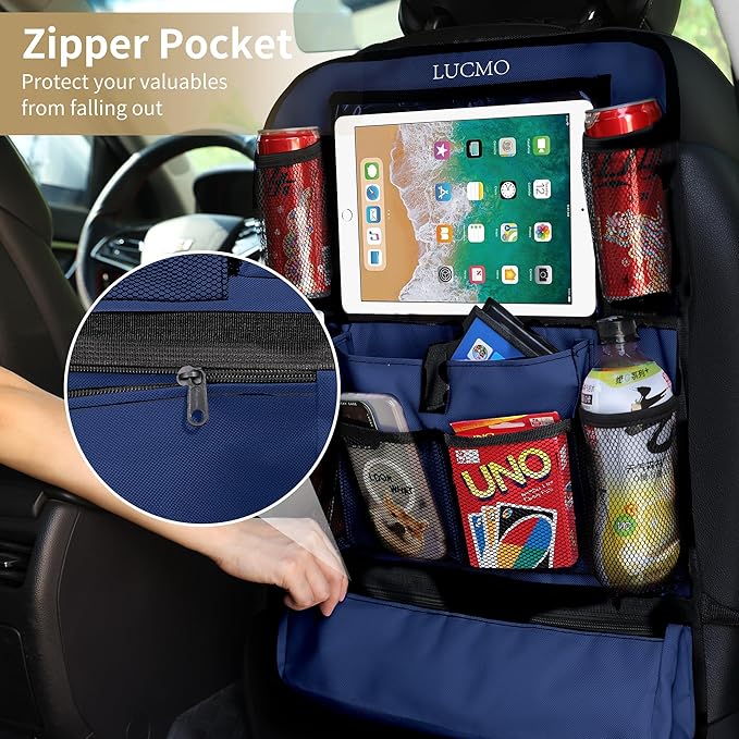 LUCMO Car Backseat Organizer with Touch Screen Tablet Holder-2 Pcs,9 Storage Pockets Car Storage Organizer Protectors Kick Mats Travel Accessories for Kids-Dark Blue