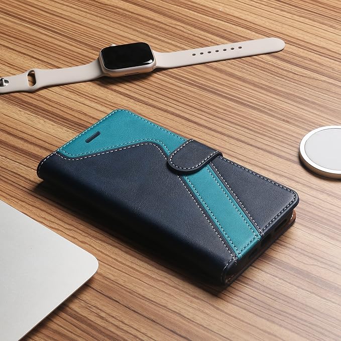 CIVICASE for iPhone 14 Pro Wallet Case,Leather Flip Case [RFID Blocking] Credit Card Holder Folio Magnetic Stand TPU Shockproof Cover Color Matching for iPhone 14 Pro (6.1") Blue Green
