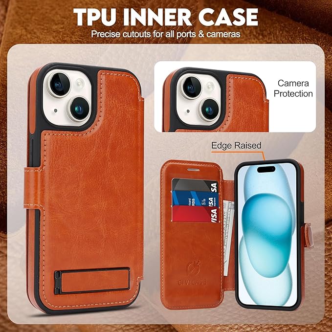 CIVICASE for iPhone 15 Wallet Case with Stand,PU Leather Flip Credit Card Holder Slots (RFID Blocking),Compatible with Magsafe Magnetic Holder Phone Cover Women Men, Brown
