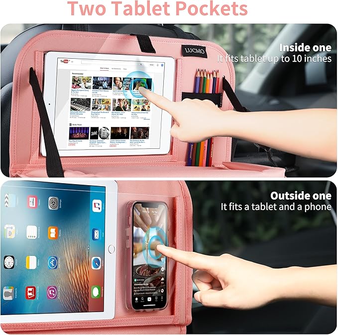 LUCMO Car Backseat Organizer with Tablet Holder,6 Storage Pockets Car Storage Organizer with Foldable Food Tray,Seat Protectors Kick Mats Travel Accessories-Pink